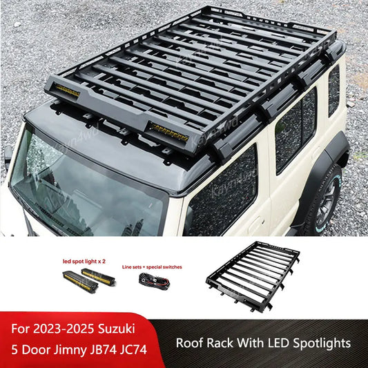 Aluminum Roof Rack Box with LED Spotlight – Off-Road 4x4 Luggage Rack for 2023+ Suzuki Jimny 5-Door JB74/JC74
